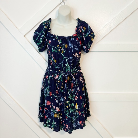 Slate & Willow Floral Print Tie Waist Puff Sleeve Scoop Neck Mini Dress Blue M - Picture 2 of 8